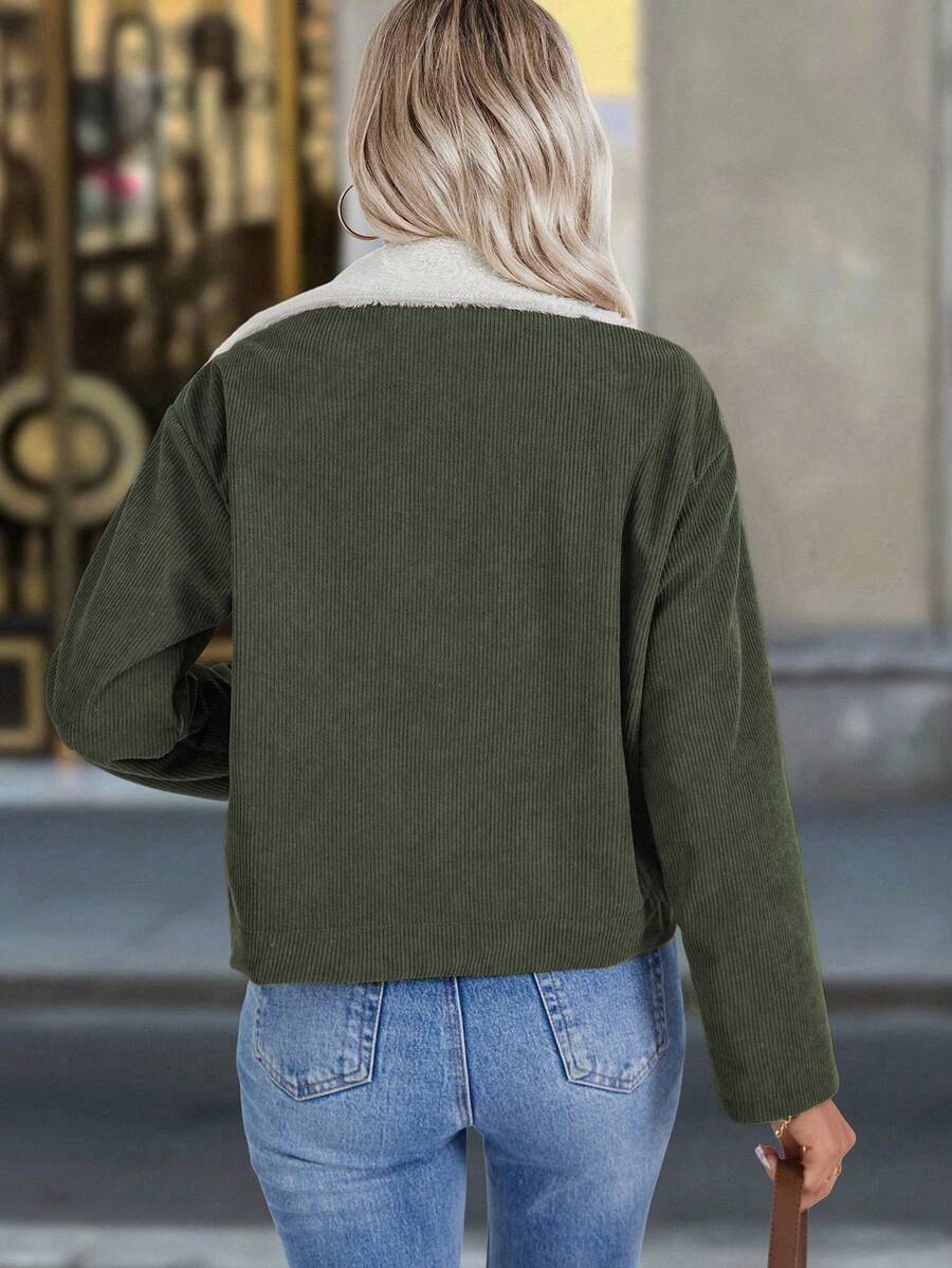 Louniche 1pc Solid Color Thermal Lined Front Zip Pocket Casual Long Sleeve Jacket Fall Winter Cloth For Women