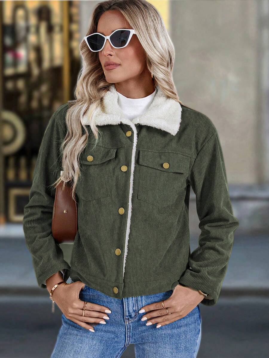 Louniche 1pc Solid Color Thermal Lined Front Zip Pocket Casual Long Sleeve Jacket Fall Winter Cloth For Women