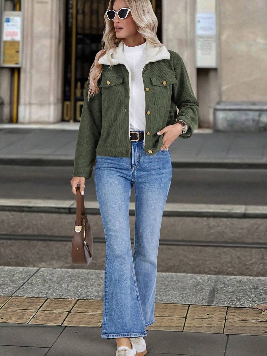 Louniche 1pc Solid Color Thermal Lined Front Zip Pocket Casual Long Sleeve Jacket Fall Winter Cloth For Women