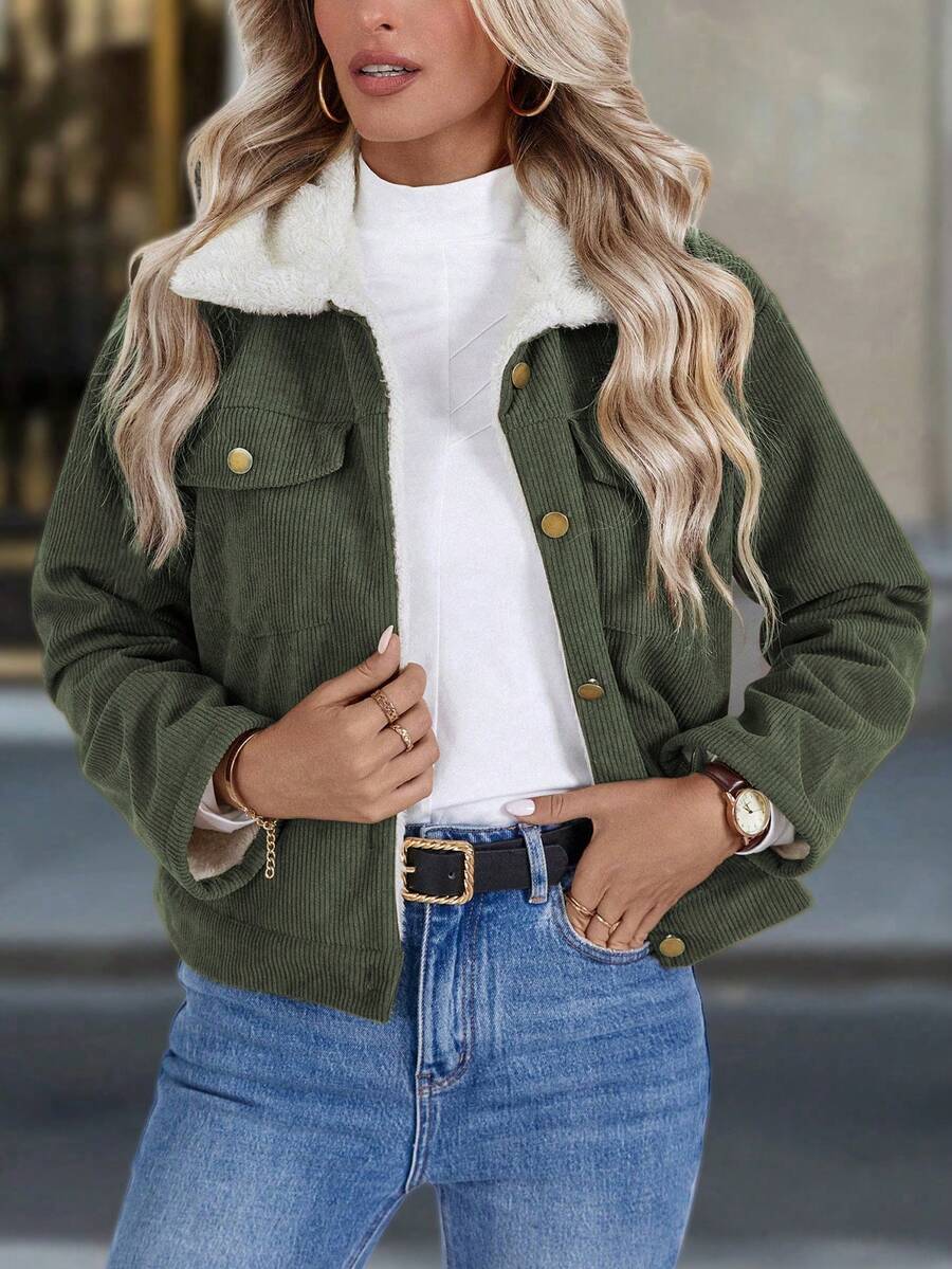 Louniche 1pc Solid Color Thermal Lined Front Zip Pocket Casual Long Sleeve Jacket Fall Winter Cloth For Women