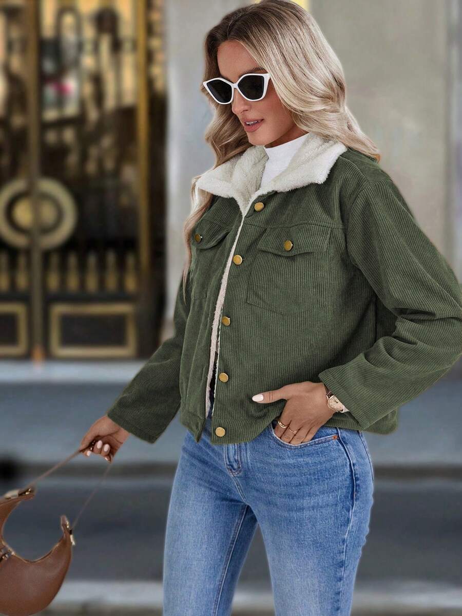 Louniche 1pc Solid Color Thermal Lined Front Zip Pocket Casual Long Sleeve Jacket Fall Winter Cloth For Women