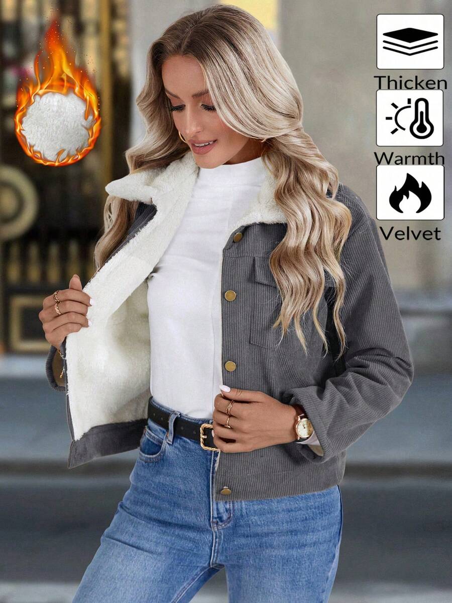 Louniche 1pc Solid Color Thermal Lined Front Zip Pocket Casual Long Sleeve Jacket Fall Winter Cloth For Women