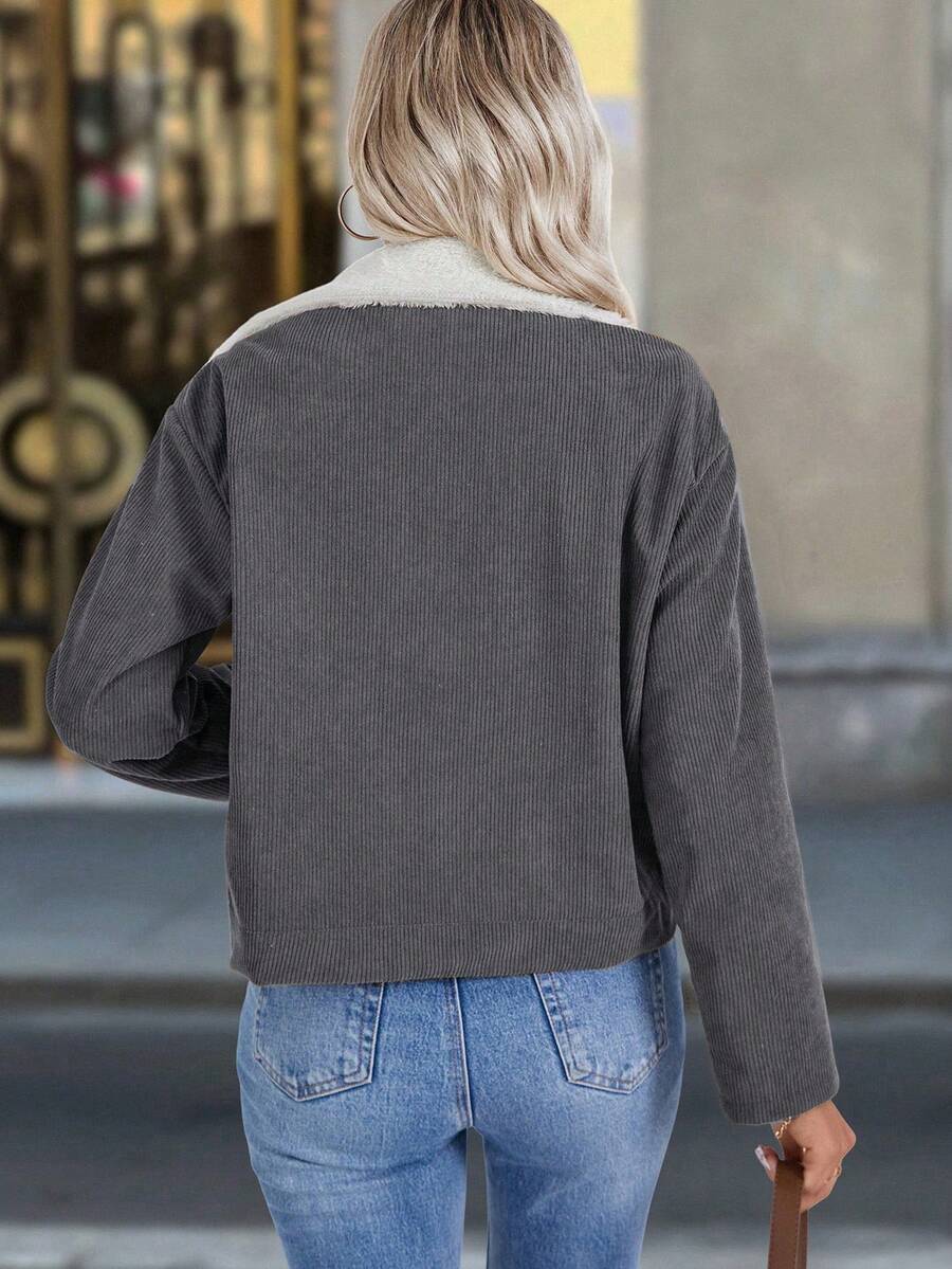 Louniche 1pc Solid Color Thermal Lined Front Zip Pocket Casual Long Sleeve Jacket Fall Winter Cloth For Women