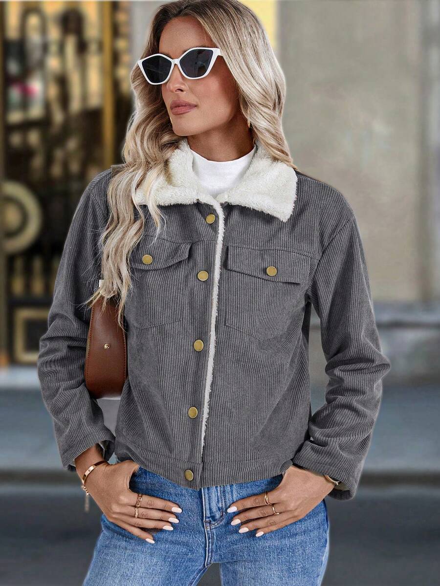 Louniche 1pc Solid Color Thermal Lined Front Zip Pocket Casual Long Sleeve Jacket Fall Winter Cloth For Women