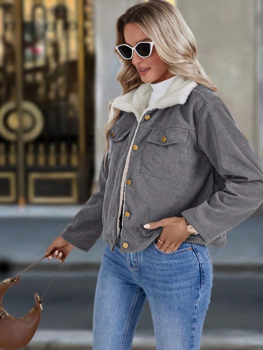 Louniche 1pc Solid Color Thermal Lined Front Zip Pocket Casual Long Sleeve Jacket Fall Winter Cloth For Women