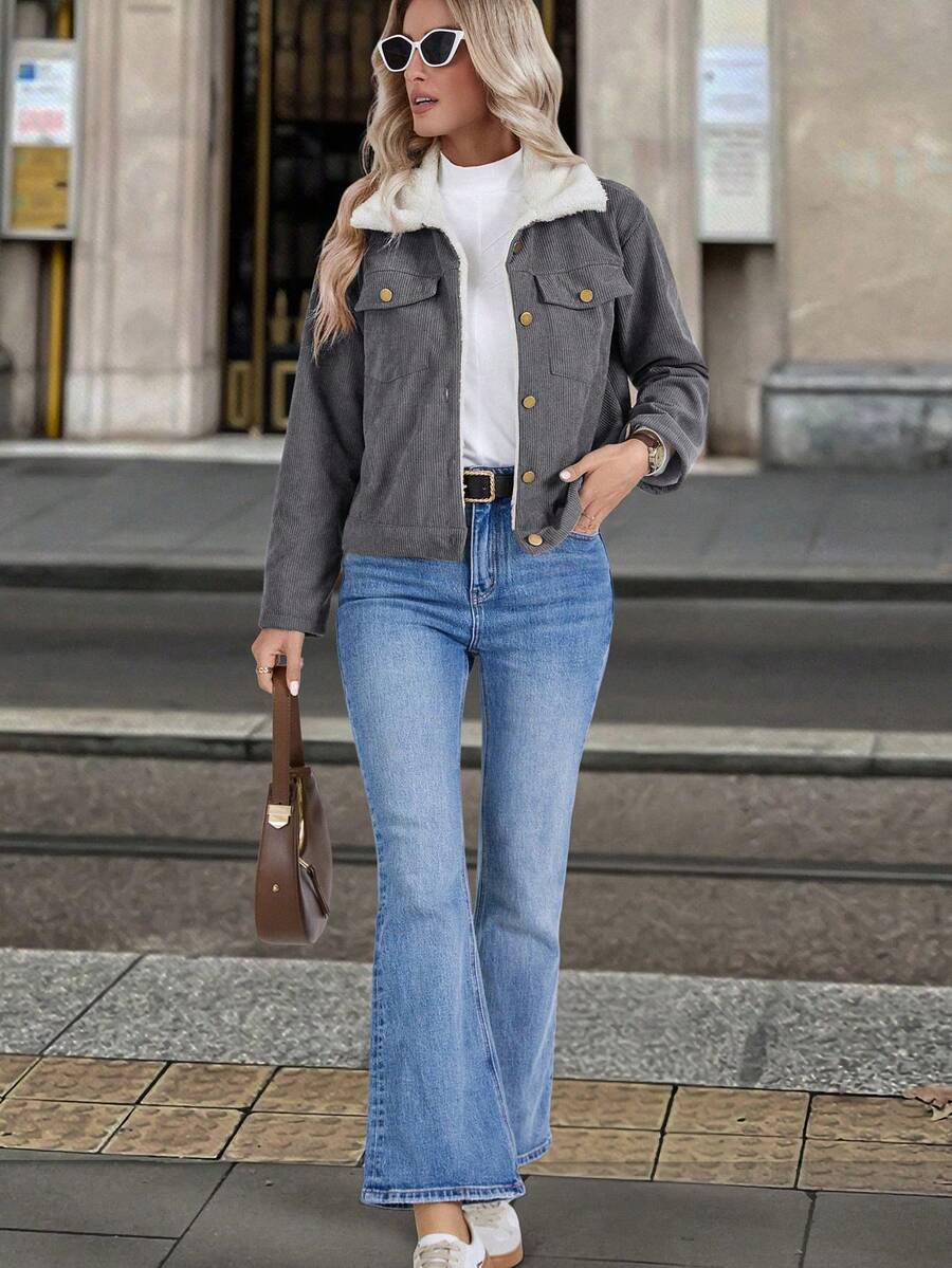 Louniche 1pc Solid Color Thermal Lined Front Zip Pocket Casual Long Sleeve Jacket Fall Winter Cloth For Women