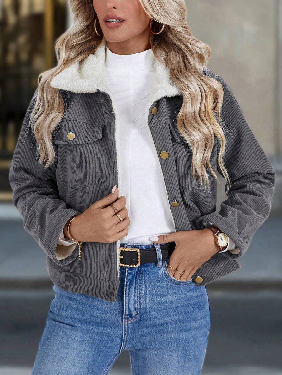 Louniche 1pc Solid Color Thermal Lined Front Zip Pocket Casual Long Sleeve Jacket Fall Winter Cloth For Women