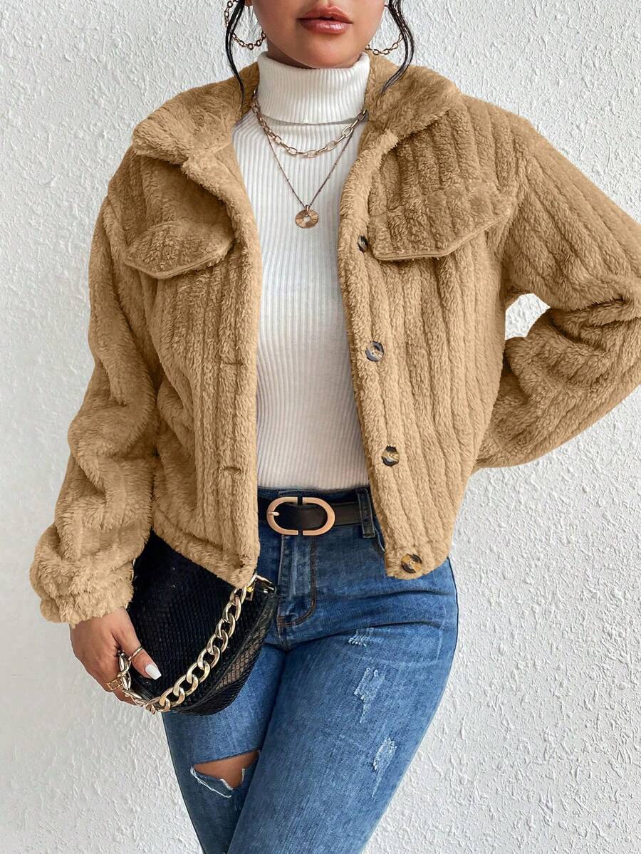 EMERY ROSE Flap Detail Fluffy Jacket Fall Winter Cloth For Women