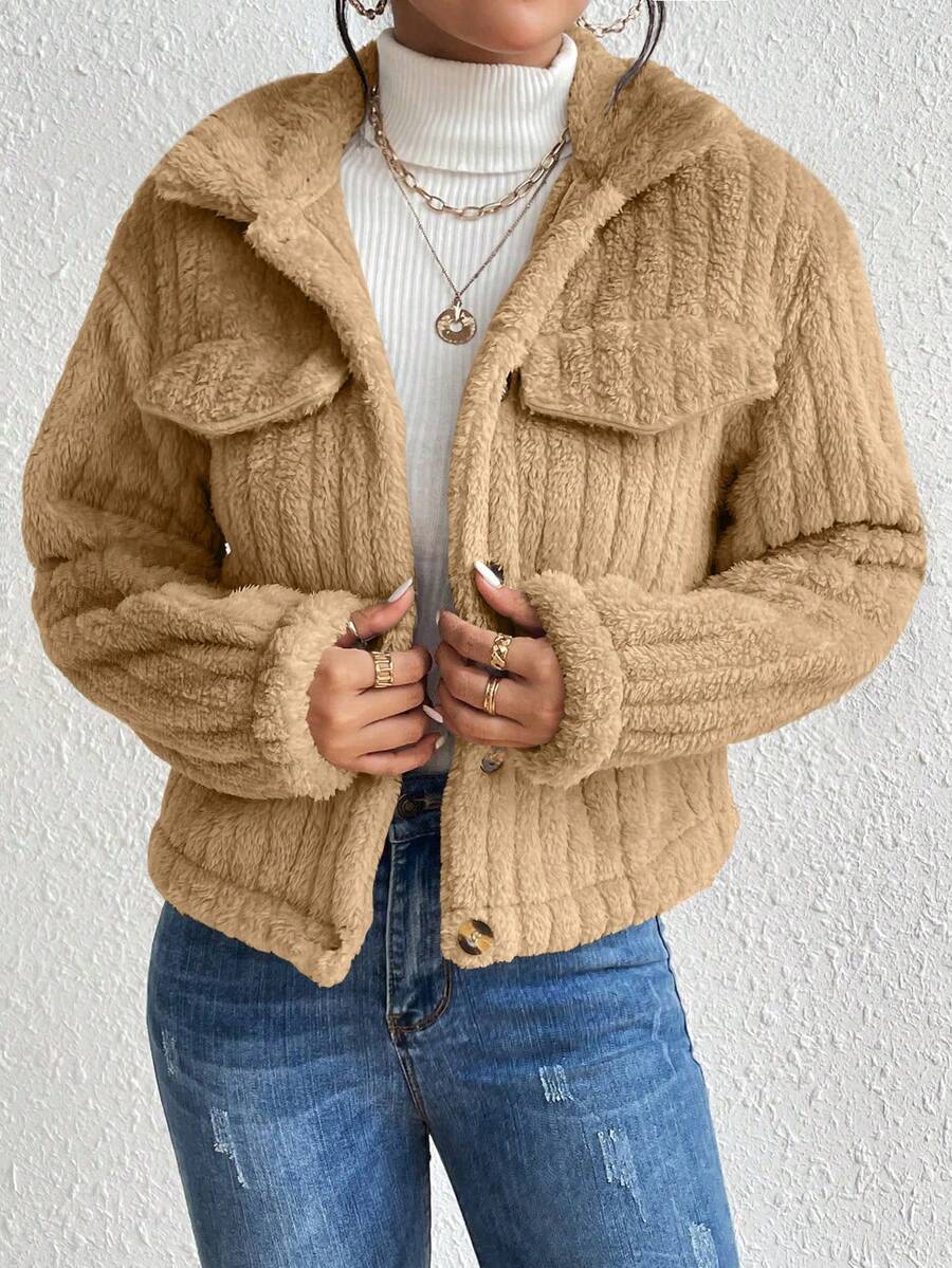 EMERY ROSE Flap Detail Fluffy Jacket Fall Winter Cloth For Women