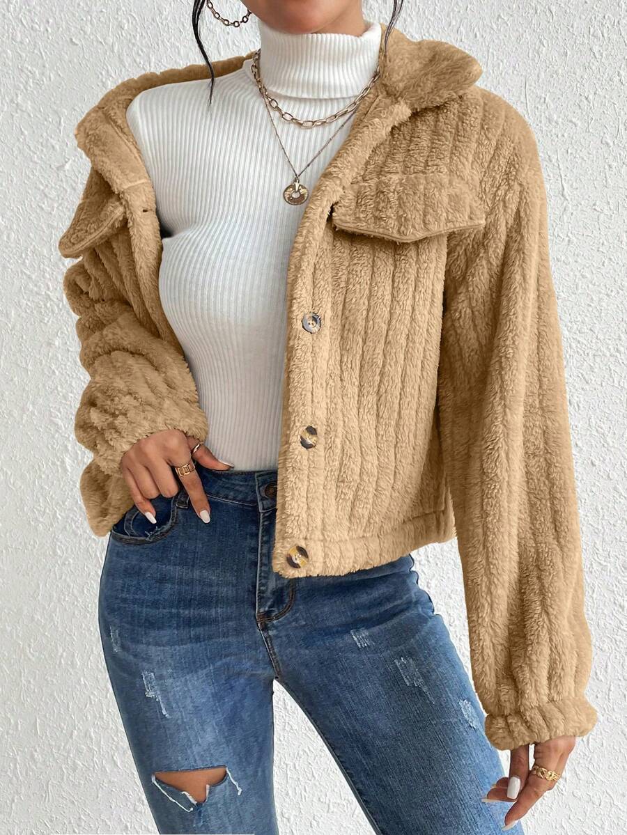 EMERY ROSE Flap Detail Fluffy Jacket Fall Winter Cloth For Women