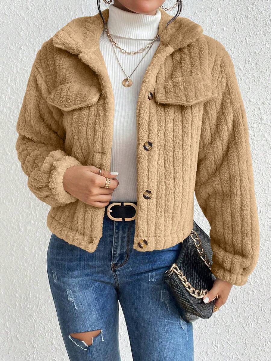 EMERY ROSE Flap Detail Fluffy Jacket Fall Winter Cloth For Women