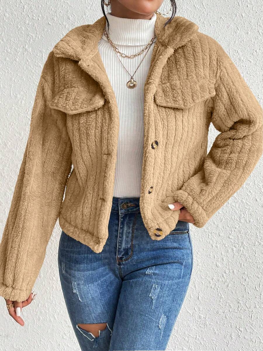 EMERY ROSE Flap Detail Fluffy Jacket Fall Winter Cloth For Women