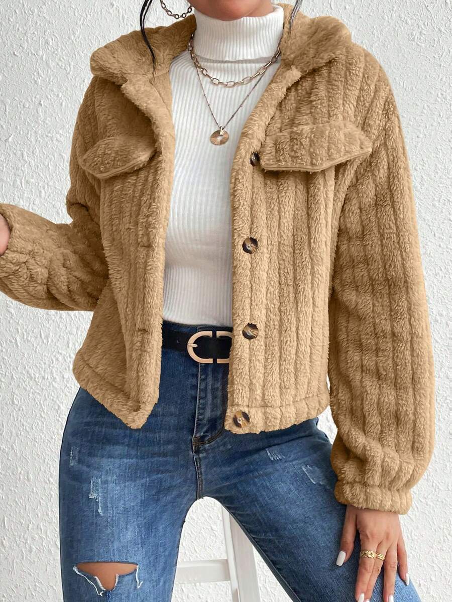 EMERY ROSE Flap Detail Fluffy Jacket Fall Winter Cloth For Women