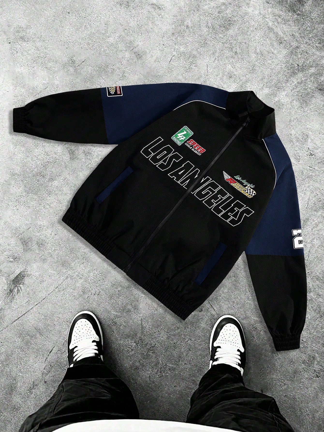 Boyfriend Style Men's Casual Colorblocked Letter Embroidered Windproof Outdoor Cycling Racing Motorcycle Stand Collar Sports Jacket Fall Boyfriend Style Men Clothes,Spring & Fall Going Out Street Wear Racing Jacket Black Biker Jacket