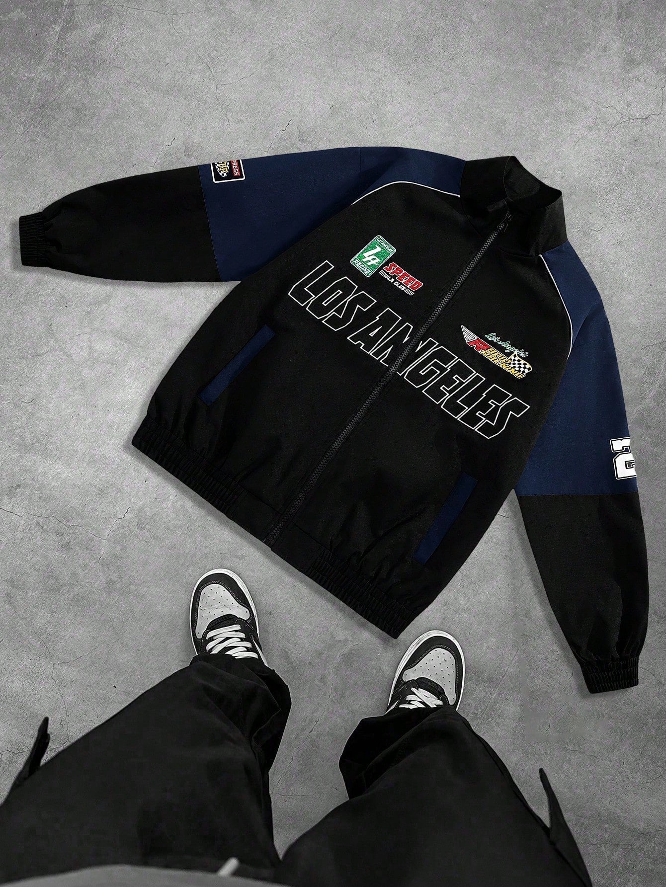 Boyfriend Style Men's Casual Colorblocked Letter Embroidered Windproof Outdoor Cycling Racing Motorcycle Stand Collar Sports Jacket Fall Boyfriend Style Men Clothes,Spring & Fall Going Out Street Wear Racing Jacket Black Biker Jacket