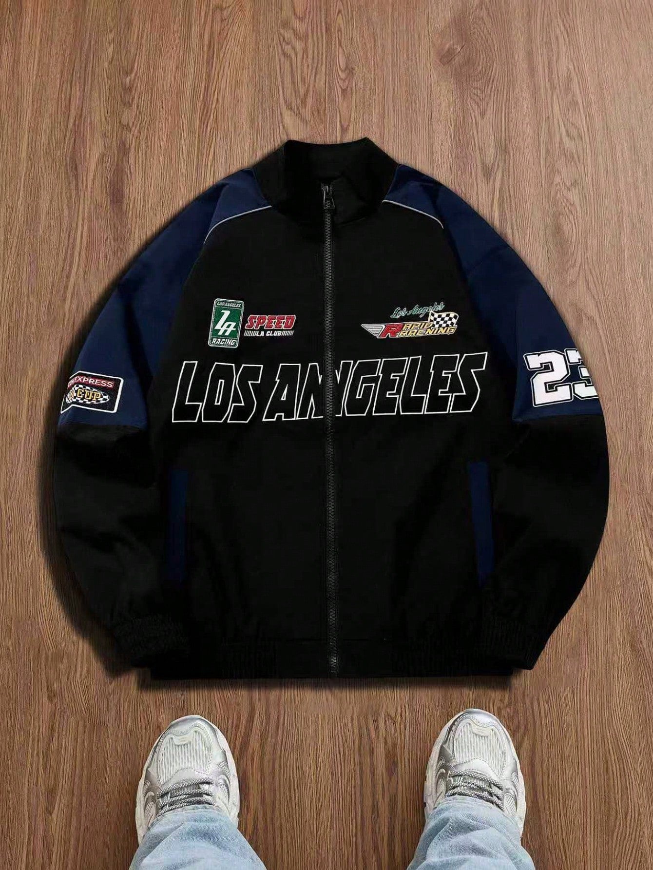 Boyfriend Style Men's Casual Colorblocked Letter Embroidered Windproof Outdoor Cycling Racing Motorcycle Stand Collar Sports Jacket Fall Boyfriend Style Men Clothes,Spring & Fall Going Out Street Wear Racing Jacket Black Biker Jacket