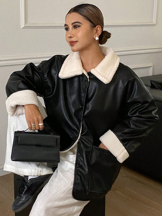 DAZY Women's Loose Fit Faux Shearling Jacket, Casual Street Style Fashion Outerwear, Suitable For Autumn And Winter Fleece Lined