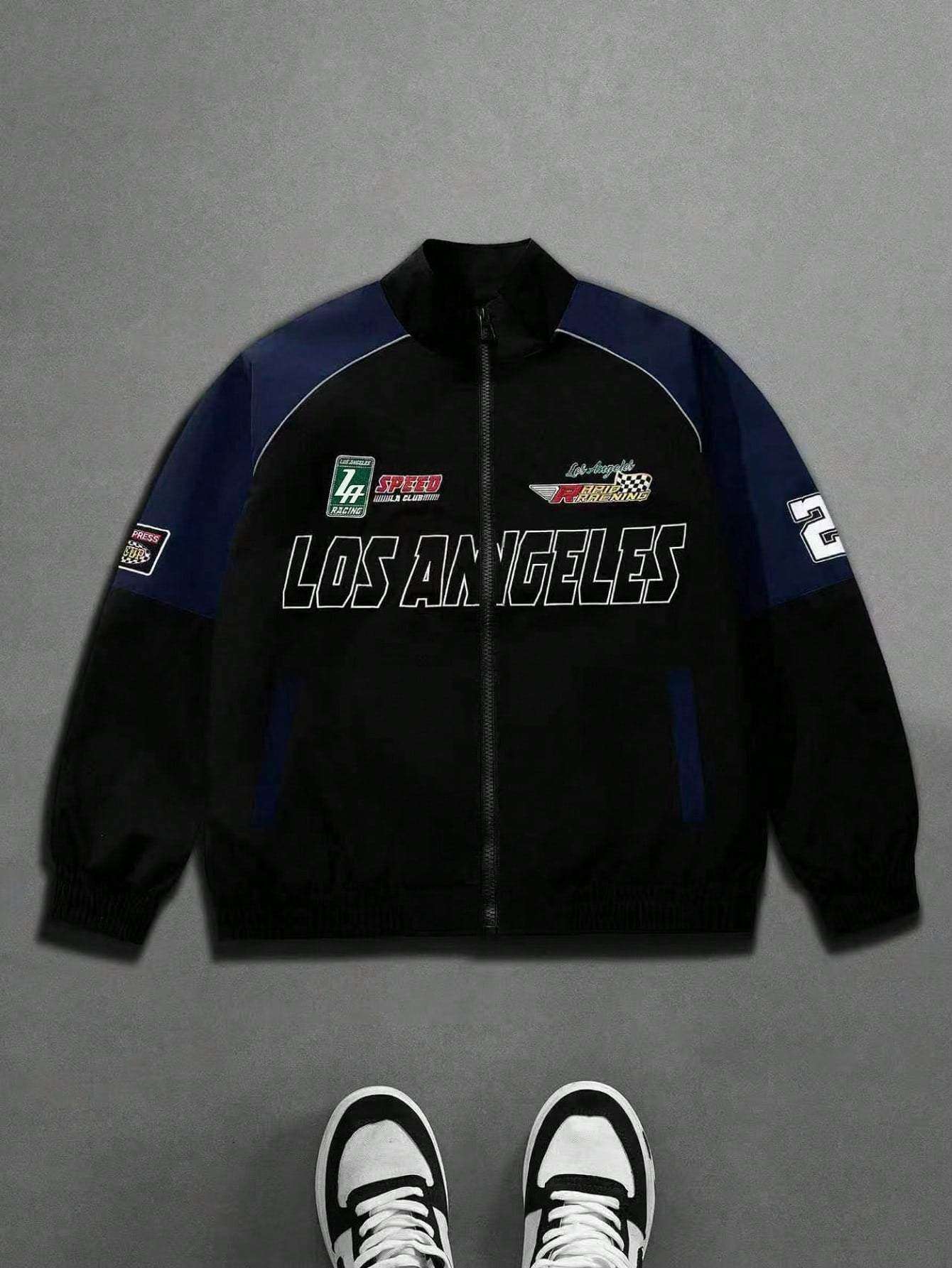 Boyfriend Style Men's Casual Colorblocked Letter Embroidered Windproof Outdoor Cycling Racing Motorcycle Stand Collar Sports Jacket Fall Boyfriend Style Men Clothes,Spring & Fall Going Out Street Wear Racing Jacket Black Biker Jacket