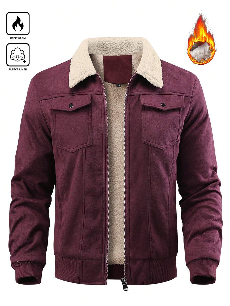 Manfinity Homme Men's Sherpa Fleece Jacket, Faux Suede Fur Collar, For Fall Winter