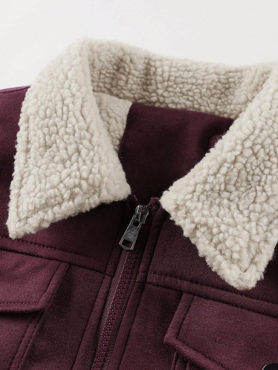 Manfinity Homme Men's Sherpa Fleece Jacket, Faux Suede Fur Collar, For Fall Winter