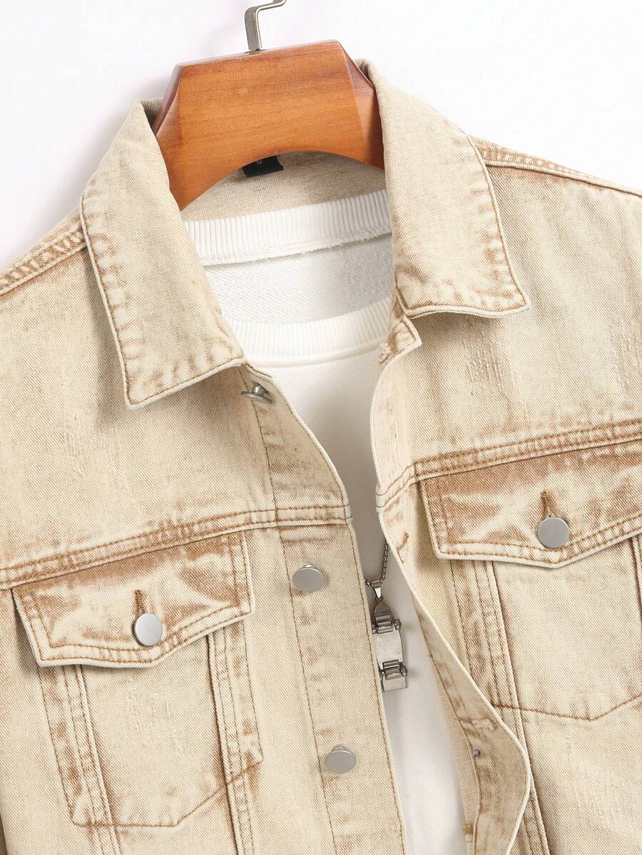 Manfinity Homme Men's Distressed Long Sleeve Denim Jacket, Dark Cotton Plain Black Party Grunge Rapper Going Out Vacation National Park Urban Gym, For Fall