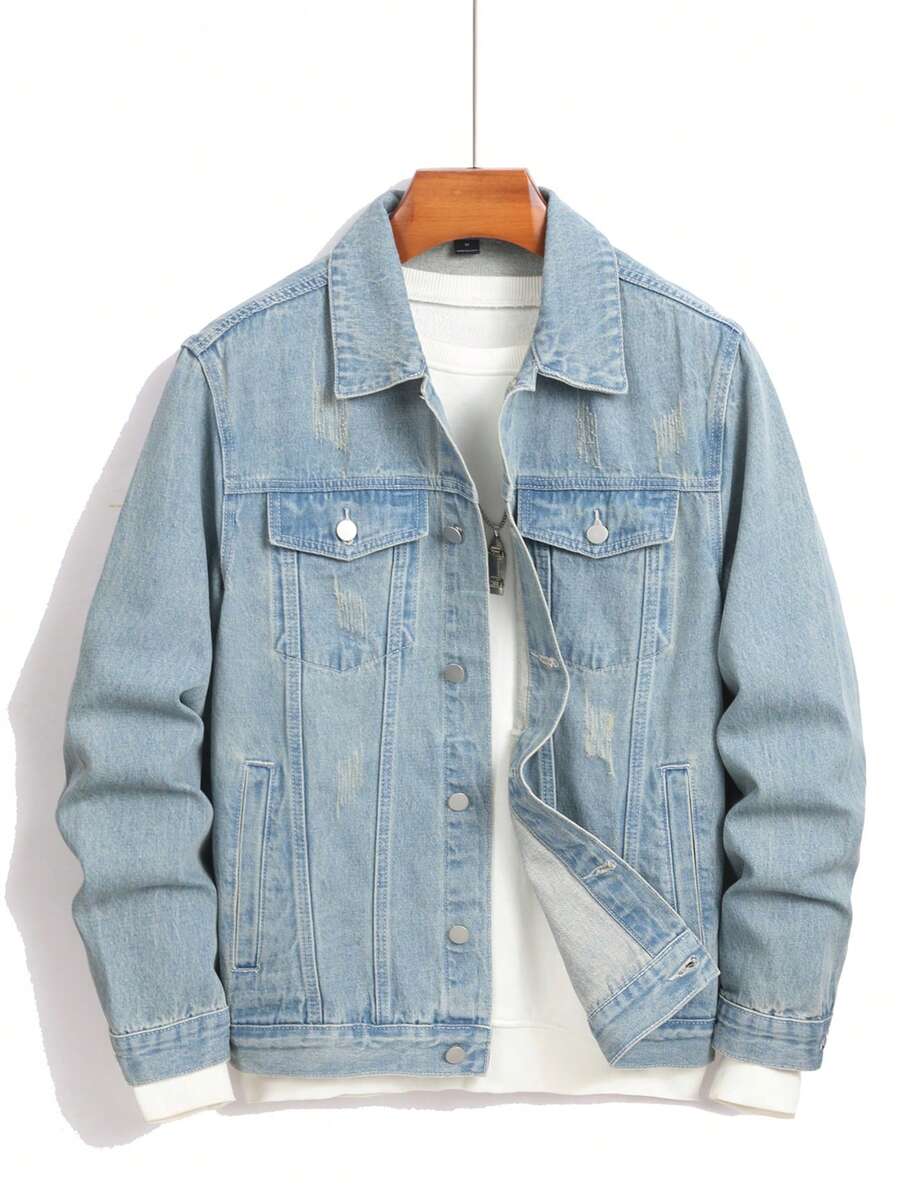 Manfinity Homme Men's Distressed Long Sleeve Denim Jacket, Dark Cotton Plain Black Party Grunge Rapper Going Out Vacation National Park Urban Gym, For Fall