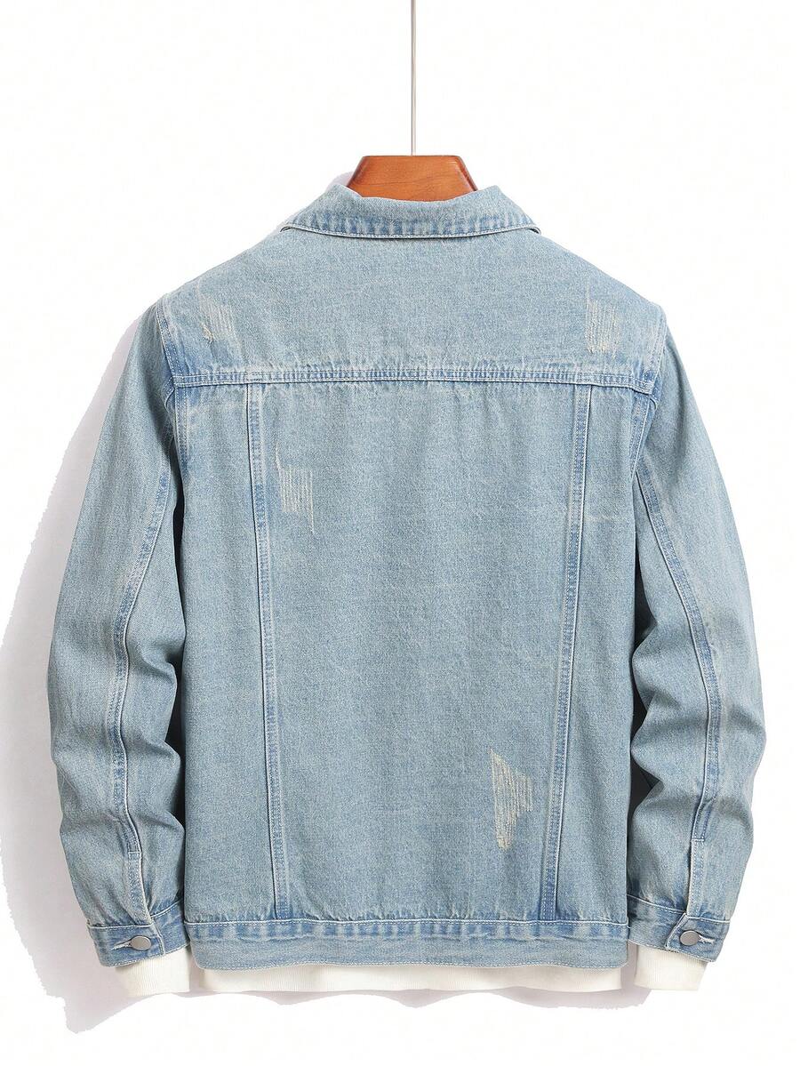 Manfinity Homme Men's Distressed Long Sleeve Denim Jacket, Dark Cotton Plain Black Party Grunge Rapper Going Out Vacation National Park Urban Gym, For Fall