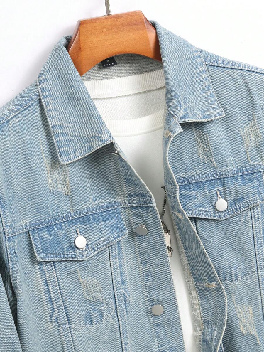 Manfinity Homme Men's Distressed Long Sleeve Denim Jacket, Dark Cotton Plain Black Party Grunge Rapper Going Out Vacation National Park Urban Gym, For Fall
