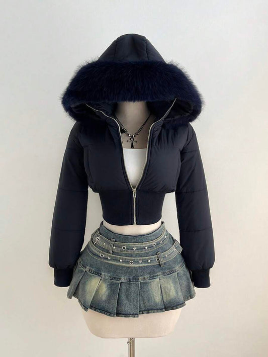 Elamini Women's Fashionable Apricot Patchwork Short Fur Hooded Cinched Waist Stand Collar Long Sleeve Short Padded Coat, Suitable For Autumn/Winter