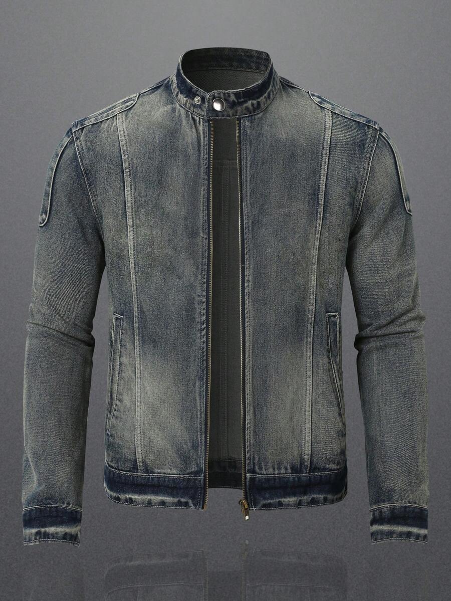 Manfinity Homme Men's Biker-Style Zip-Up Denim Jacket With Collar For Men, For Fall