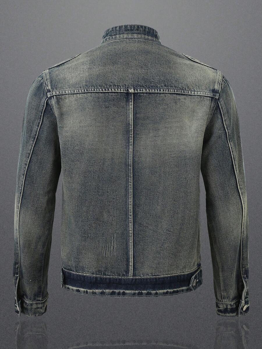 Manfinity Homme Men's Biker-Style Zip-Up Denim Jacket With Collar For Men, For Fall