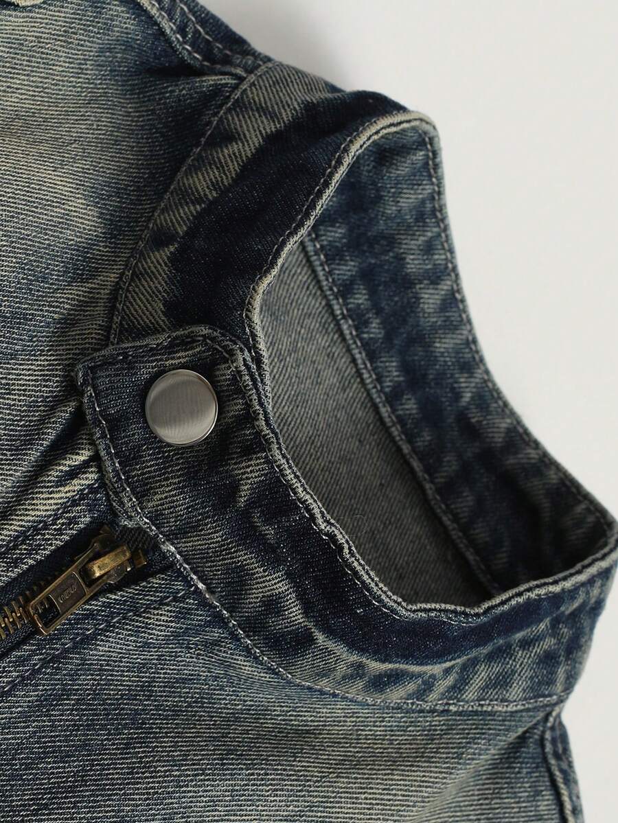 Manfinity Homme Men's Biker-Style Zip-Up Denim Jacket With Collar For Men, For Fall