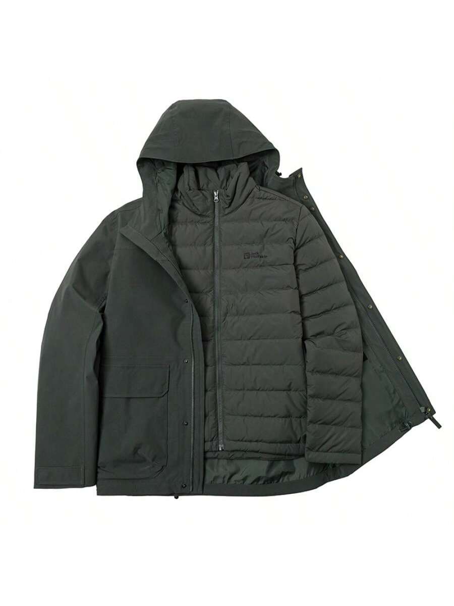 Jack Wolfskin Men's 3-In-1 Waterproof Windbreaker Jacket, Outdoor Casual Windproof Breathable Softshell Jacket, Slate Green