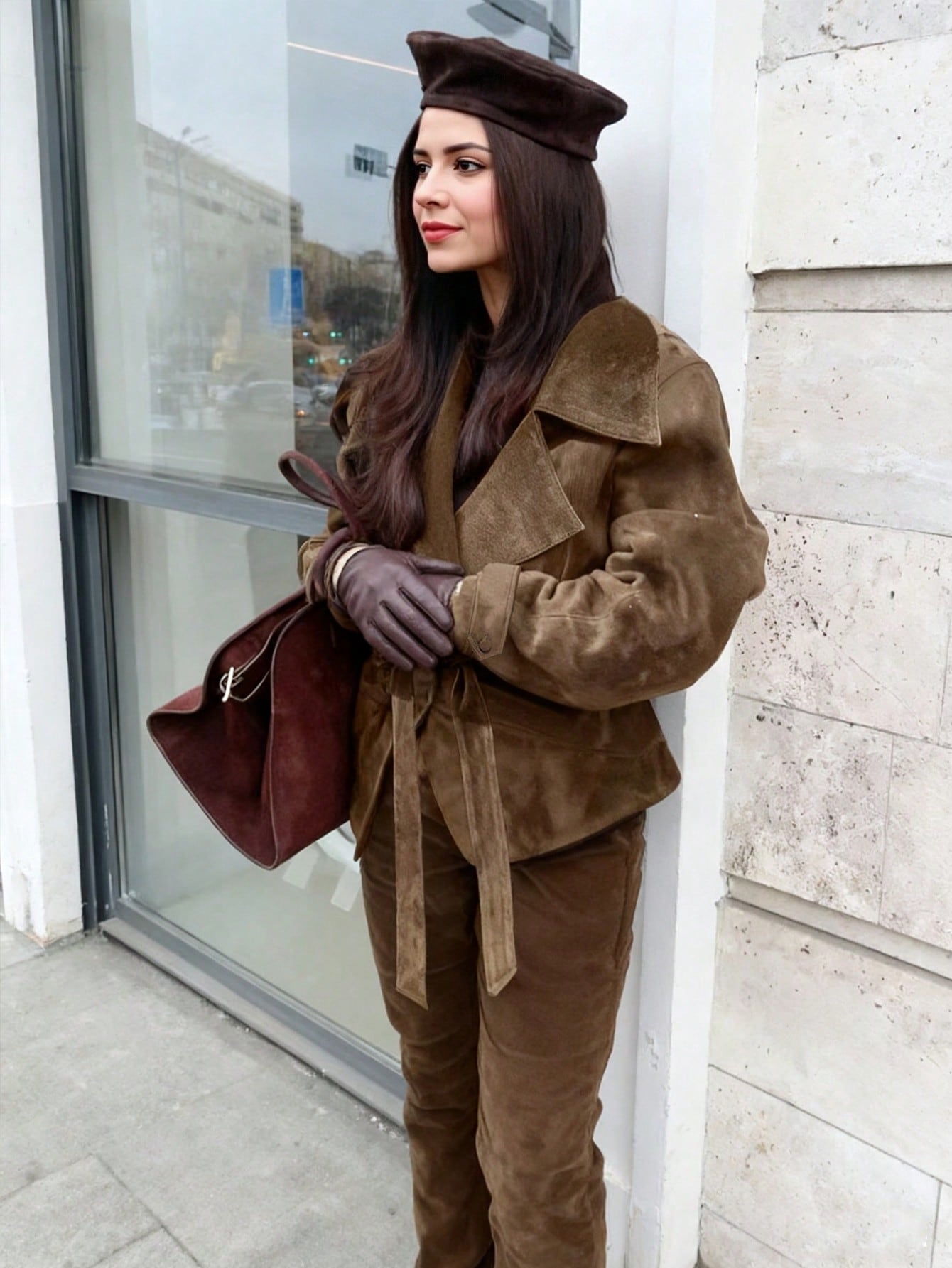 Women's Autumn/Winter French Suede Fleece Lapel Casual Double-Breasted Jacket With Tie-Waist, Fashion New Matte Fleece Slim Fit Elegant Retro Coat, Going Out Tops For Women
