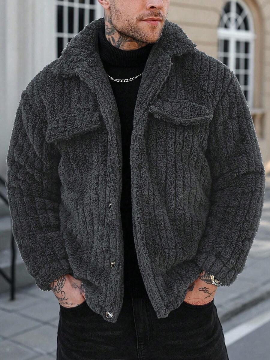 Manfinity Casual Cool Flap Detail Button Front Flannel Fleece Jacket