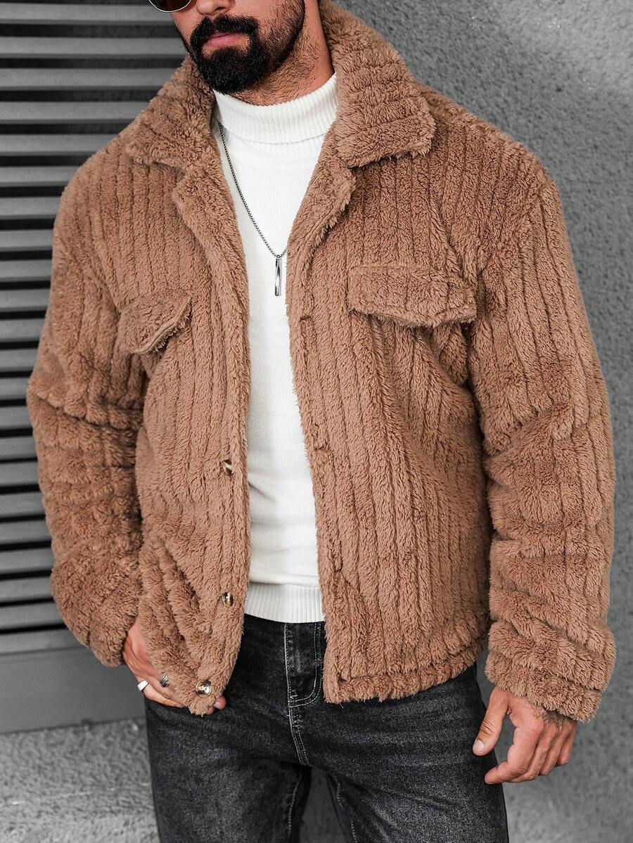 Manfinity Casual Cool Flap Detail Button Front Flannel Fleece Jacket