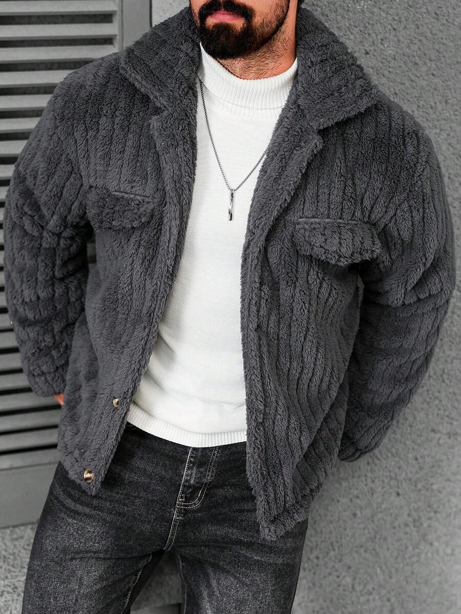 Manfinity Casual Cool Flap Detail Button Front Flannel Fleece Jacket