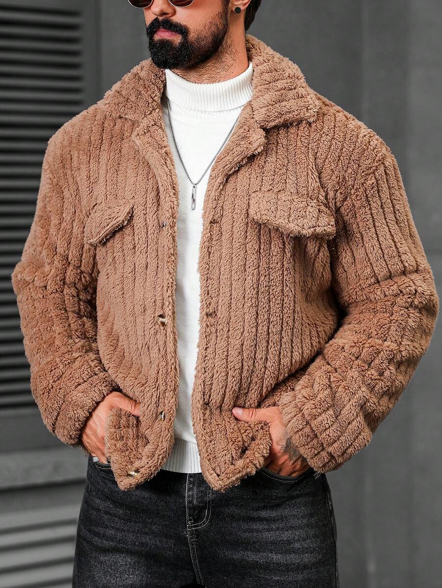 Manfinity Casual Cool Flap Detail Button Front Flannel Fleece Jacket