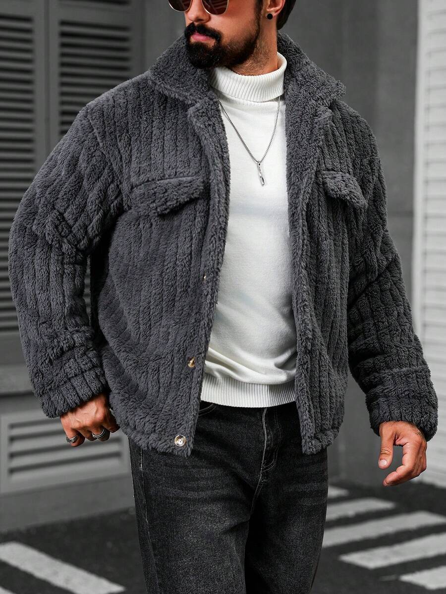 Manfinity Casual Cool Flap Detail Button Front Flannel Fleece Jacket