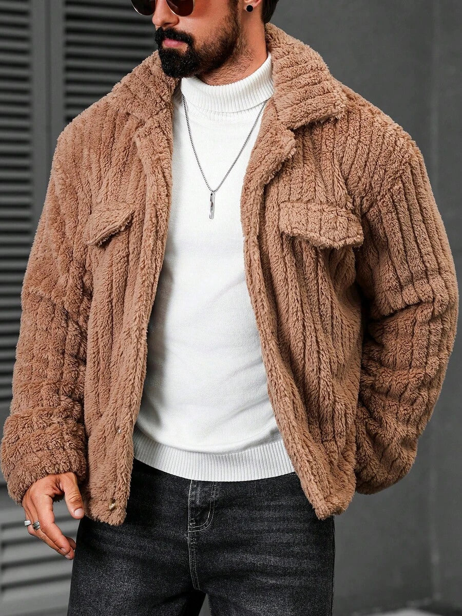 Manfinity Casual Cool Flap Detail Button Front Flannel Fleece Jacket