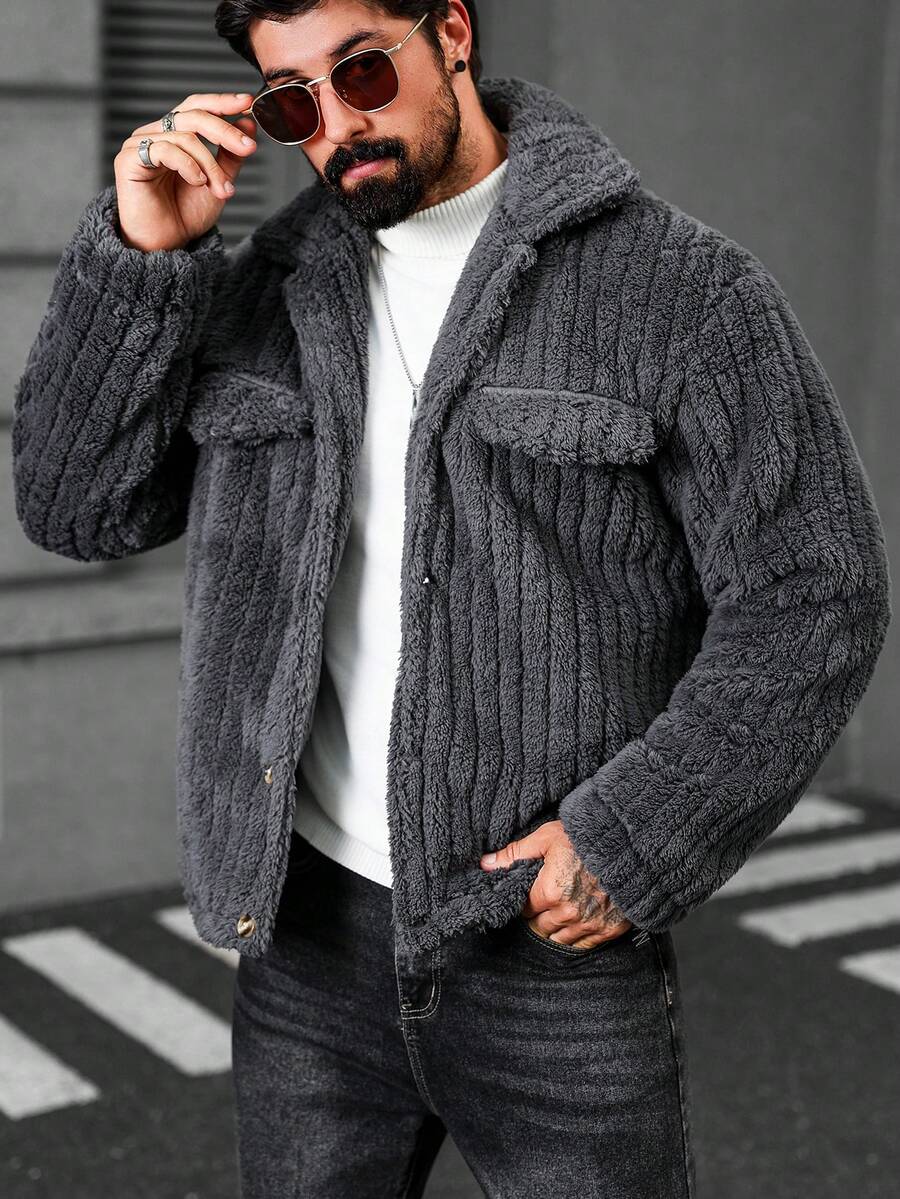 Manfinity Casual Cool Flap Detail Button Front Flannel Fleece Jacket