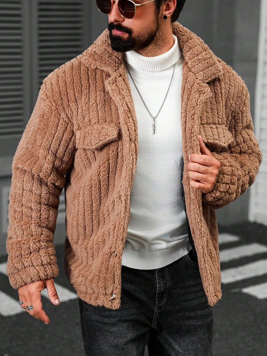 Manfinity Casual Cool Flap Detail Button Front Flannel Fleece Jacket