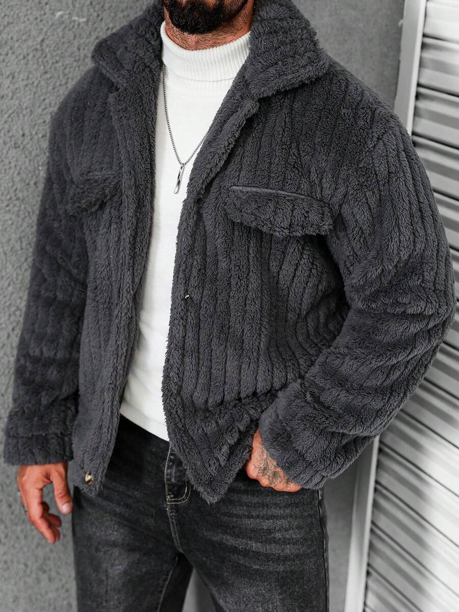 Manfinity Casual Cool Flap Detail Button Front Flannel Fleece Jacket