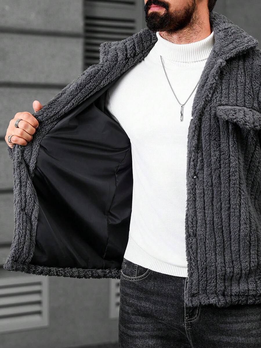 Manfinity Casual Cool Flap Detail Button Front Flannel Fleece Jacket