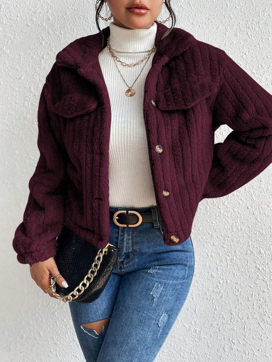 EMERY ROSE Flap Detail Fluffy Jacket Fall Winter Cloth For Women