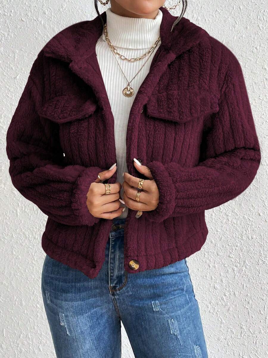 EMERY ROSE Flap Detail Fluffy Jacket Fall Winter Cloth For Women