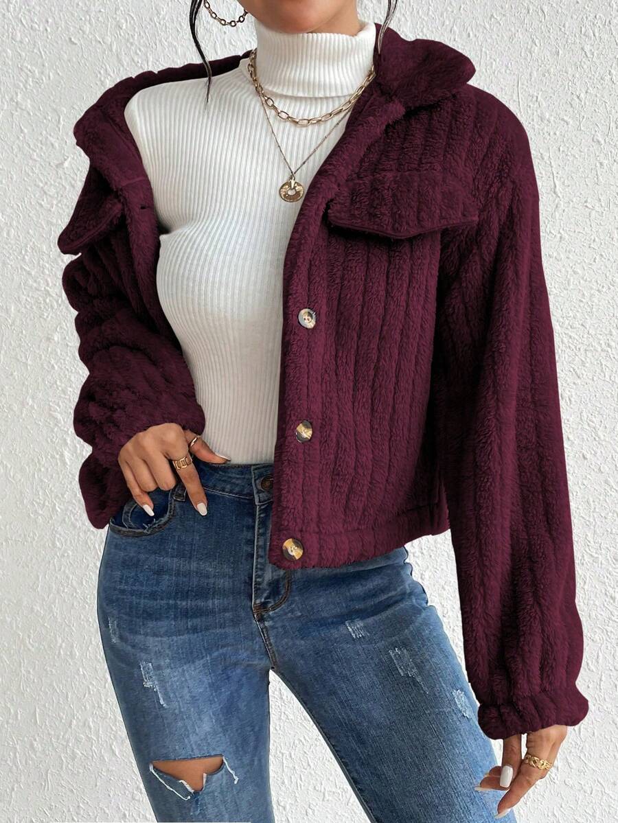 EMERY ROSE Flap Detail Fluffy Jacket Fall Winter Cloth For Women