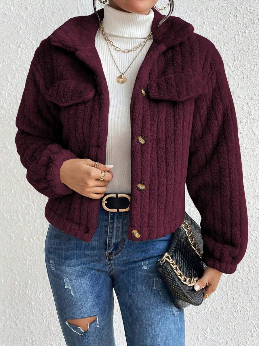 EMERY ROSE Flap Detail Fluffy Jacket Fall Winter Cloth For Women