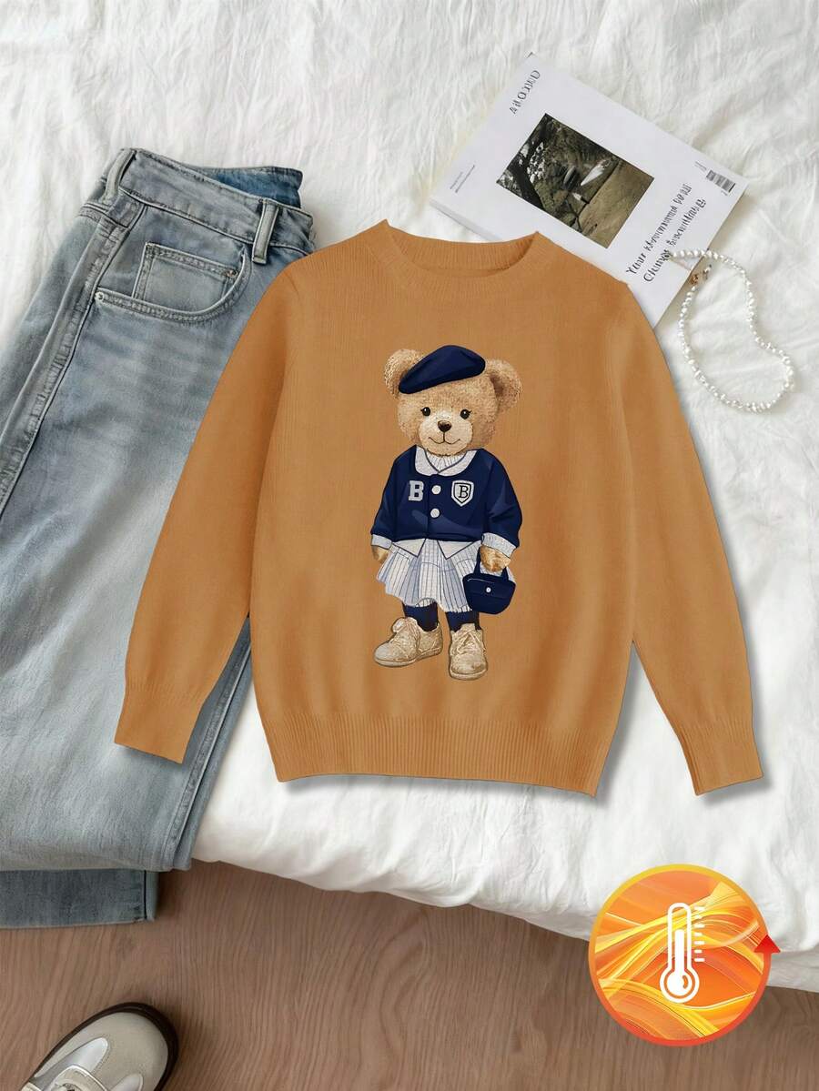 1pc Girls Casual Vintage Leopard Print Bow Graphic Long Sleeve Sweater, Suitable For Autumn/Winter Everyday Indoor