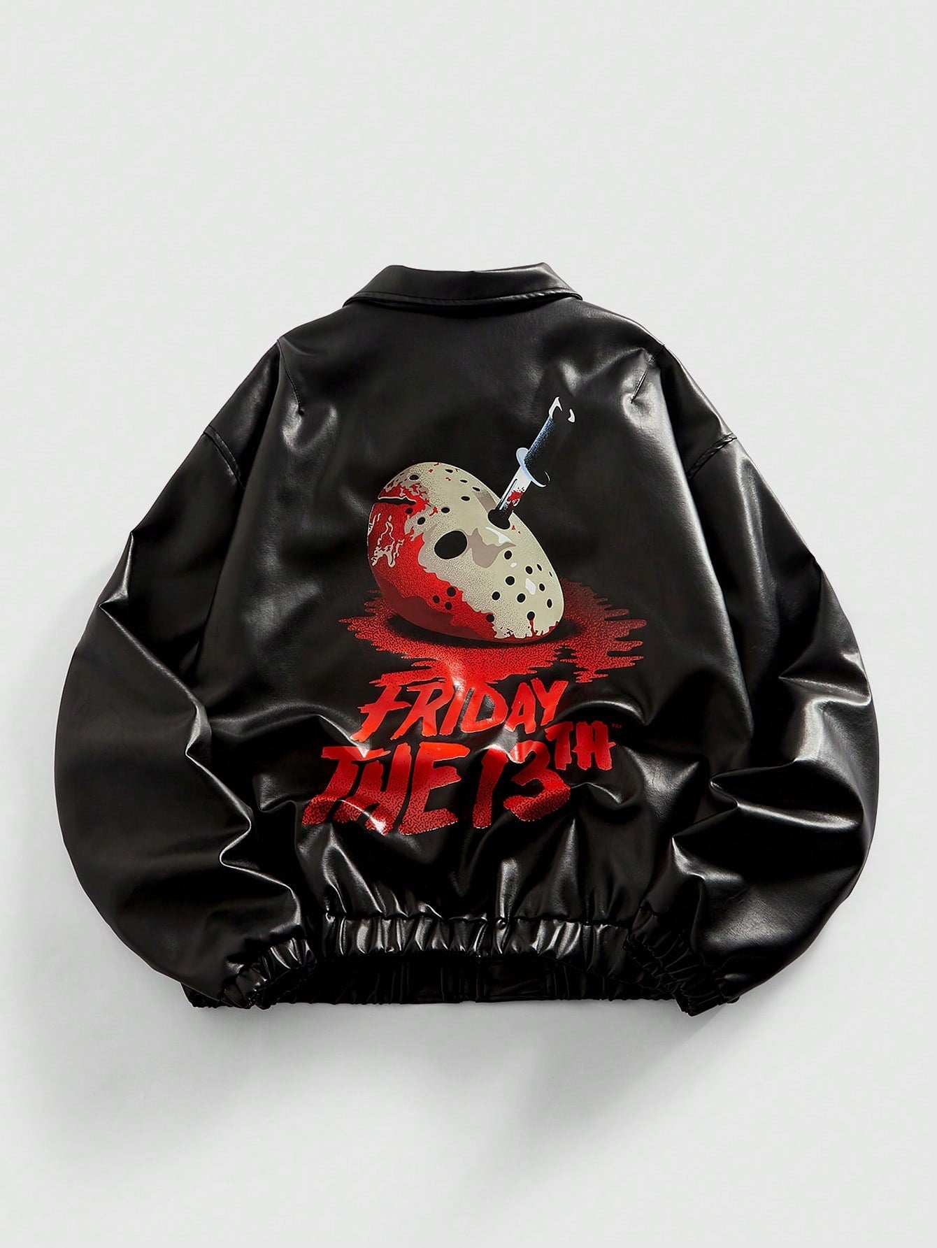 ROMWE MEN Friday the 13th X ROMWE Men Fall Cool Mask & Letter Graphic PU Leather Jacket